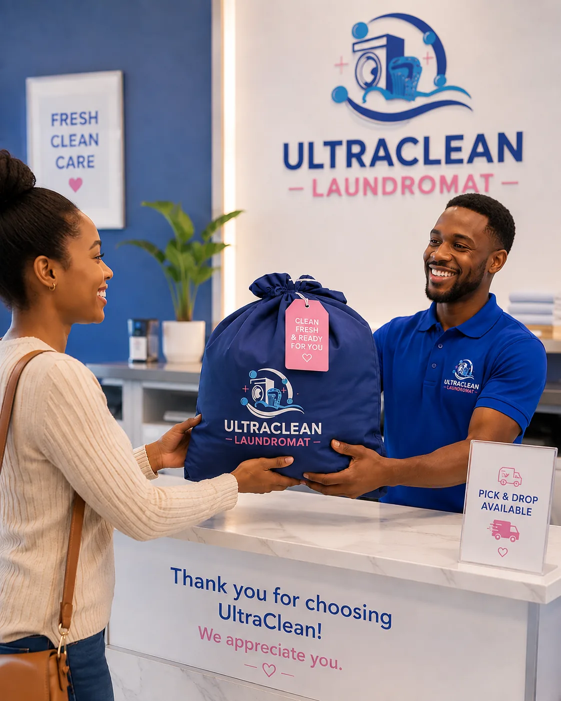 Customer collecting their laundry order