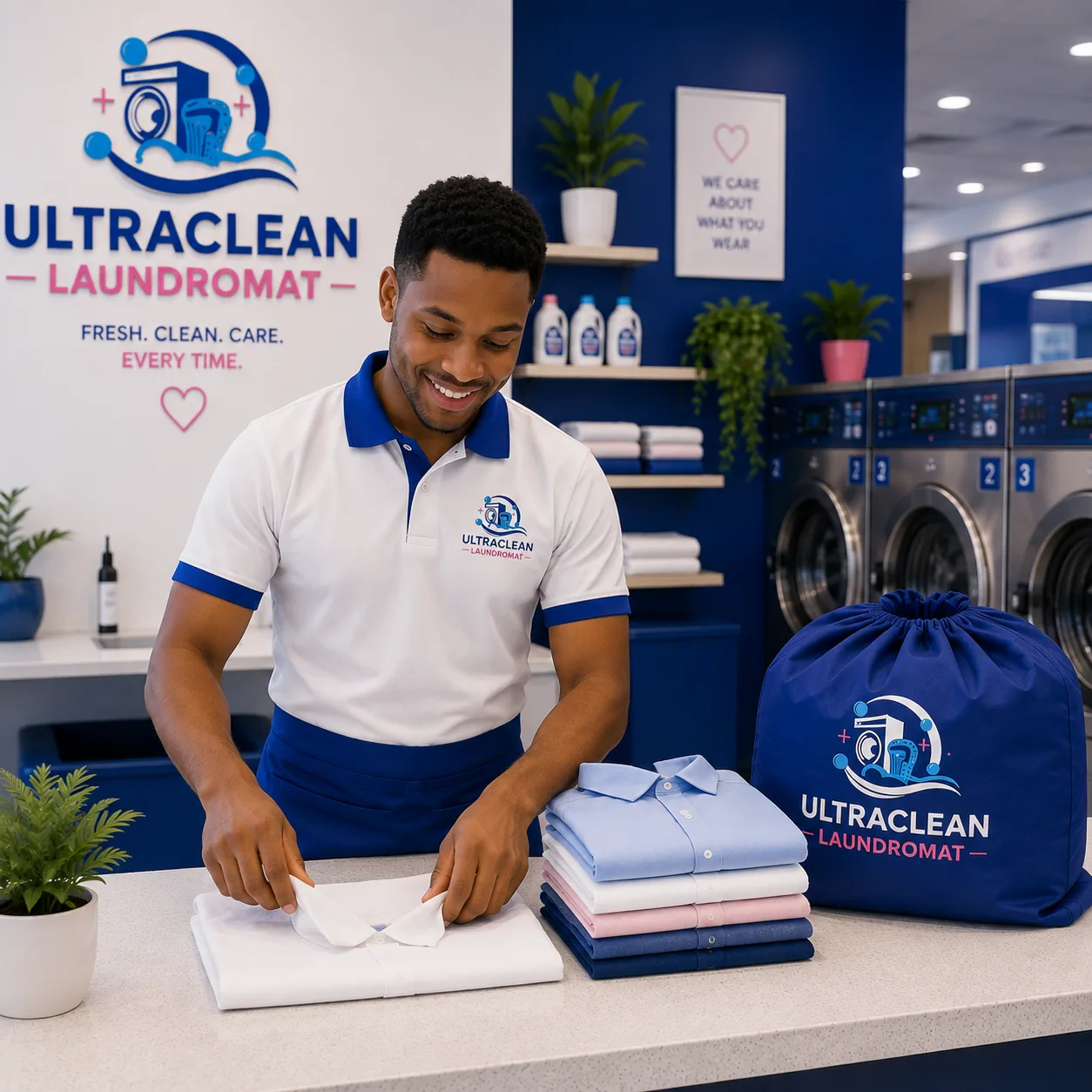 Team member folding laundry at the counter